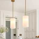 Fabric Pendant Light for Kitchen Island Gold and White Pendant Lamp with Cylinder Linen Shades 2-Pack Mini Farmhouse Hanging Light Fixture for Dining Room 5 Pendant Lighting for Sink Bedroom
