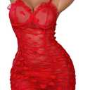 Lilosy Sexy Sheer Heart Mesh Underwire Ruched Ruffle Babydoll Club Cami Strap Lingerie Set with Thong (Medium, Red)