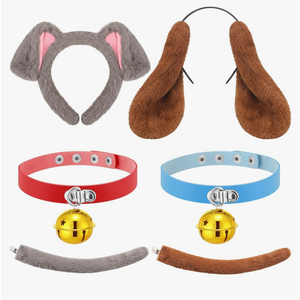 Crowye 6 Pcs Couple Halloween Brown Grey Dog Costume Accessories Long Ear Headband Grey Dog Headband 2 Red Blue Collars 2 Tails for Women Men Cosplay Party Dress up