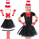 Kyson Cat Costume for Kids Tulle Tutu Skirt Red And White Striped Gloves Bowtie Long Tail For Halloween 100th Days of School
