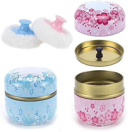 ASUNFO 2 Pcs Body Powder Puff and Container Large Fluffy Powder Puffs with Case Empty Bath Dusting Powder Box for Women Baby Beach Travel Home Pink & Blue