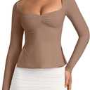 REORIA Womens 2025 Fall Trendy Tops Long Sleeve Shirts for Women Square Neck Going Out Side Slit Tshirts Cute Basic Tee (Beige, M)