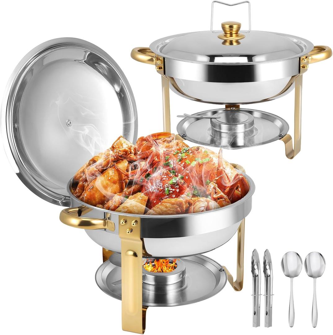 Chafing Dishes for Buffet 2 Pack, 5QT Round Chafing Dish Buffet Set [Elegant Gold and Silver Colors] Stainless Steel Buffet Food Warmers Sets for Catering Events Home Parties Dinners with Complete Set