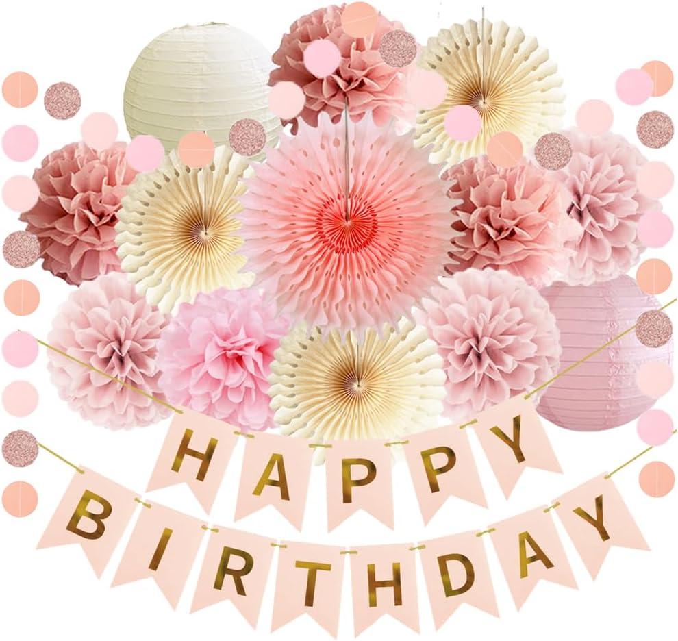 Pink Birthday Decorations Girl Dusty Blush Pink Beige Birthday Decorations Happy Birthday Banner Dusty Rose Blush Pink Cream Paper Pom Poms Paper Lanterns for Western Birthday Party Decor