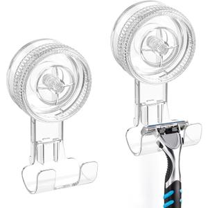 LUXEAR Suction Hooks, 2 Pack Razor Hooks Removable & Reusable Suction Shower Hook Waterproof Powerful Vacuum Suction Hanger for Towel Bathrobe Loofah Bathroom Kitchen Storage Hooks Weather Hanger Hook