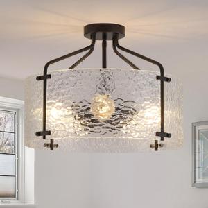 Semi Flush Mount Ceiling Light Fixture,Glass Drum Kitchen Lighting Fixtures Ceiling,18''Black Modern Light Fixture Chandelier,5-Light Foyer Lighting Fixtures for Living Room Hallway Foyer Porch