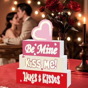 2 x Valentines Day Decor Wooden Sign with LED Lights Table Mantle Valentines Gifts Battery Operated Valentine Decorations Farmhouse Home Tiered Tray Decor