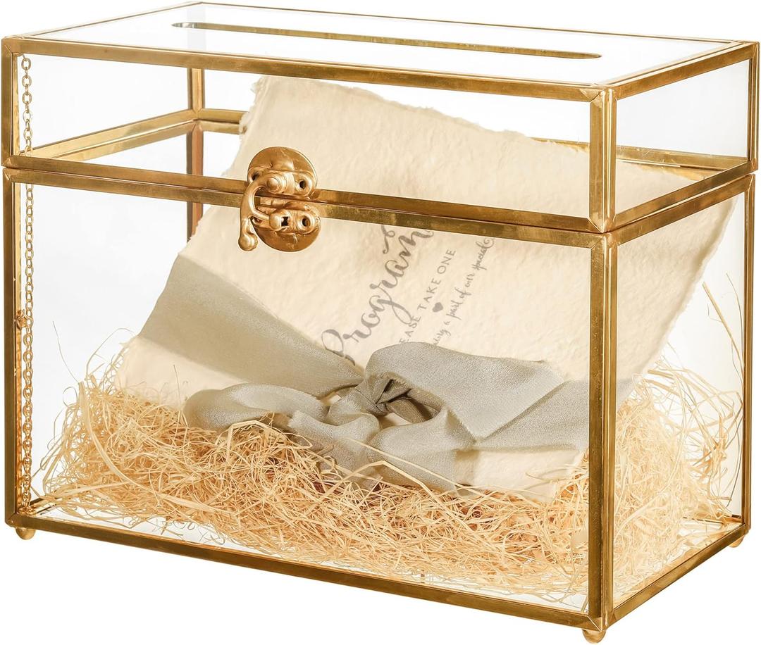 NCYP Small 9.8 x 5.6 x 7.7 Inch Wedding Glass Cards Box with Slot - Gold Envelope Card Holder for Birthday Party Reception, Home Indoor Decor - Slot Length 7.1 Inches (No Lock)