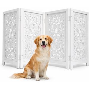 Free Standing Dog Gate 4 Panel, 56x28 Foldable Wooden Pet Barrier in White