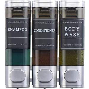 Shampoo and Conditioner Dispenser,Shower Soap Dispenser 3 Chamber No Drill Wall-Mounted for Bathroom & Hotel Leak-Proof Pumps, for Thick Liquids Like Conditioner - 1050ML High Capacity, Silver