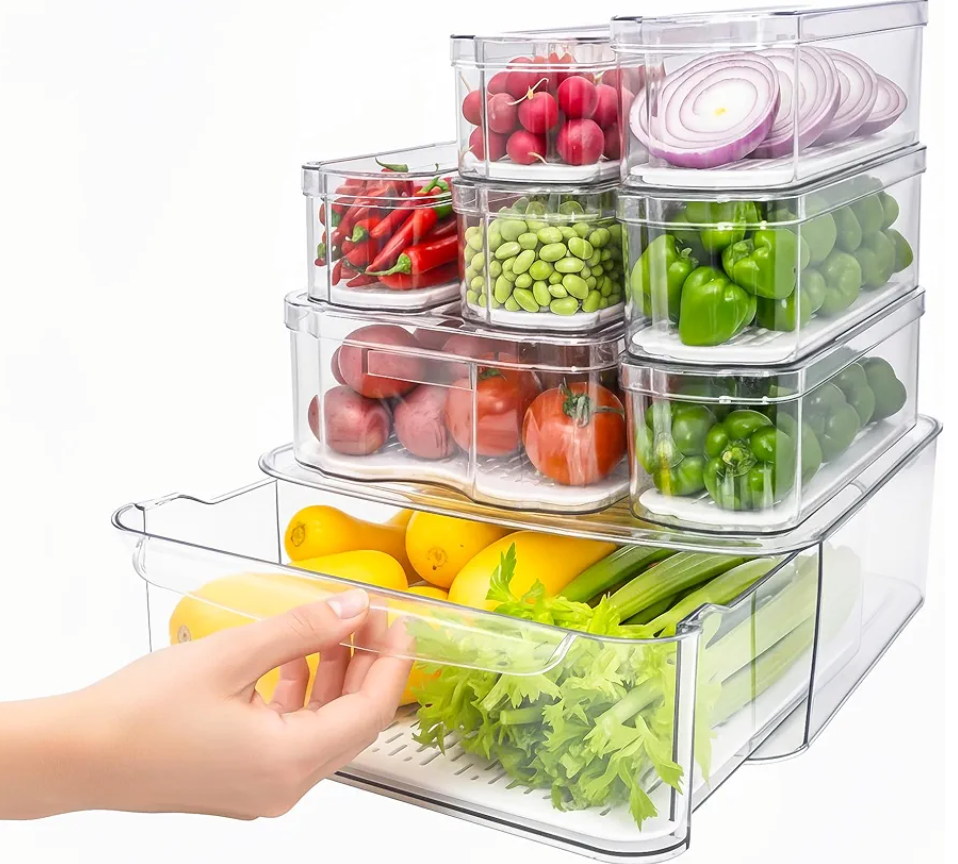 8 Pack Refrigerator Organizers, Clear Pull-out Drawer Container and Organizer Bins with Lids, Stackable Storage Containers for Fruits, Vegetable (Set of 8 (Include Pull Out Drawer))