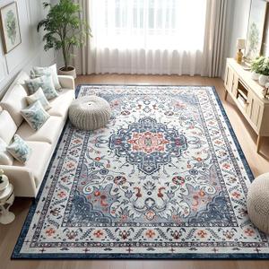 Area Rugs for Living Room, 4x6 Washable Non Slip Vintage Rugs, Low Pile Ultra Soft Indoor Print Pattern Carpet for Bedroom, Entryway, Office, Dining Room, Home Decor, Blue/Beige