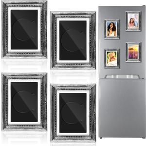 Geelin 4 Pcs Refrigerator Magnetic Vintage Frame 3.66 x 2.95 Inch Small Vintage Refrigerator Magnets Picture Frames Mini Antique Ornate Photo Frame Insert for Photos Painting Stuck on Fridge(Silver)