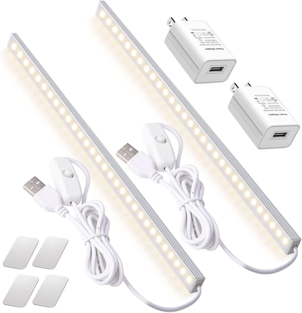 2Pack LED Under Cabinet Light LED Light Bar with USB Powered Under Cabinet Lights for Closet Light Bar Under Counter Lighting Work Tables Student Dormitory (Include AC Plug) (2 Pack-2 AC Plug)