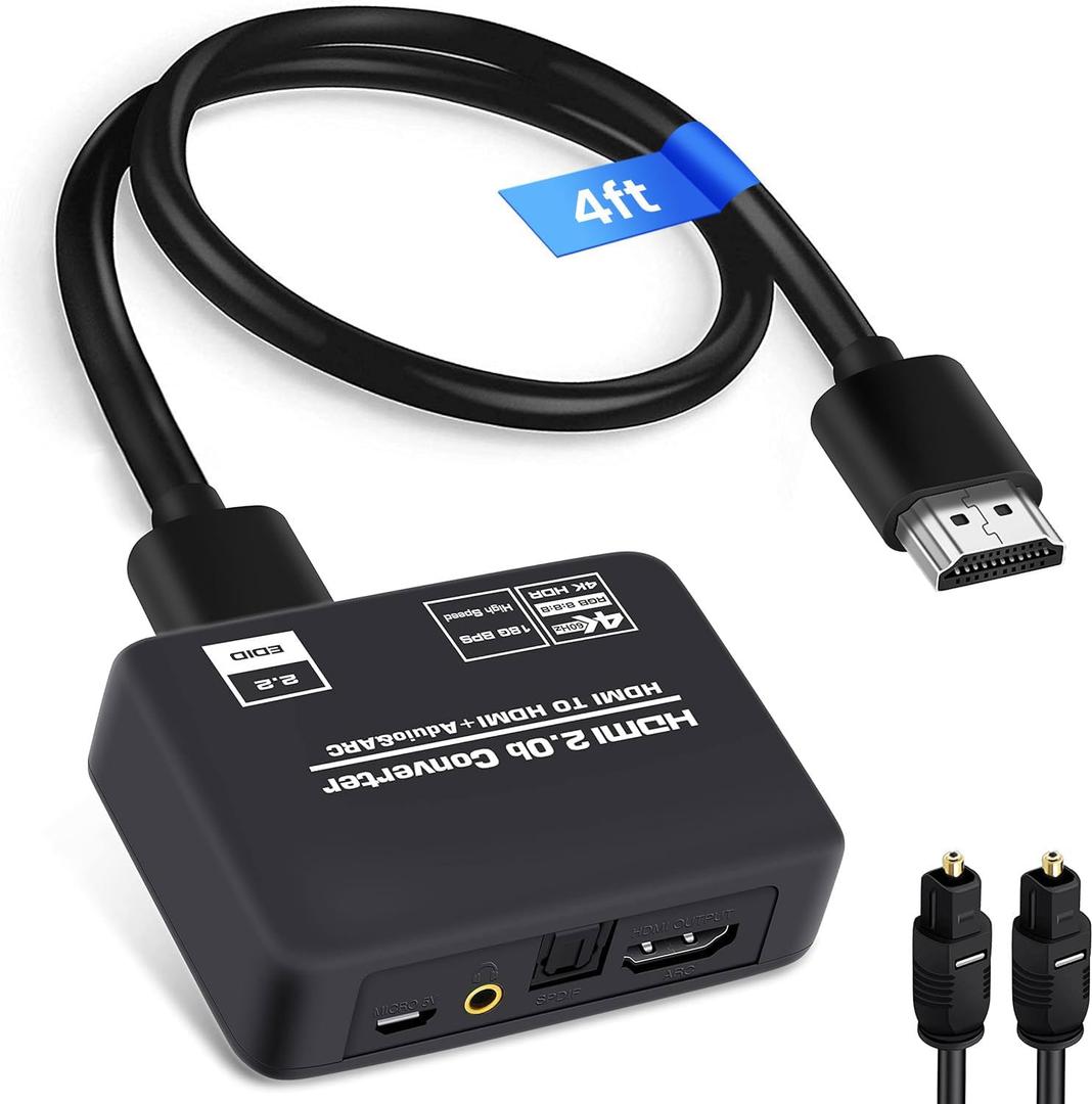4K@60Hz HDMI 2.0b Audio Extractor Converter Adapter Splitter, HDMI ARC + Optical Toslink SPDIF + 3.5mm Stereo Audio Out, Support HDCP2.2 Digital PCM DTS 5.1, (Optical / HDMI Cables Included)
