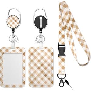 Retractable Badge Holder with Detachable Lanyard, Heavy Duty ID Badge Reel Keychain with 360-Degree Rotating Carabiner Clip, Cute Card Protector for Women, Nurses, Officers White Lattice
