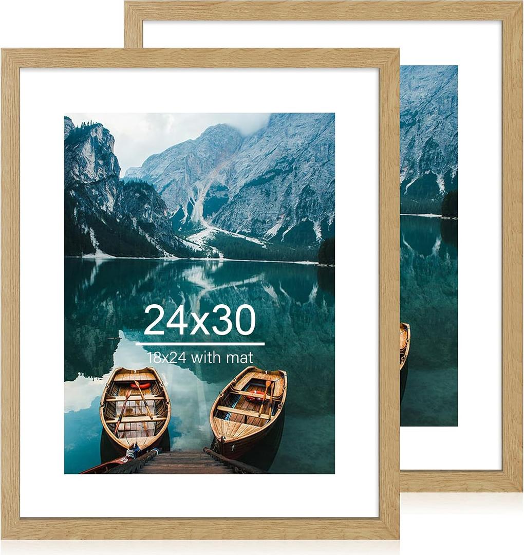 Hongkee 24x30 Frame Set of 2, Natural Oak Wood Style - Display 18x24 Picture Frame with Mat or 24 x 30 Poster without Mat, Wall Mounting Horizontal and Vertical