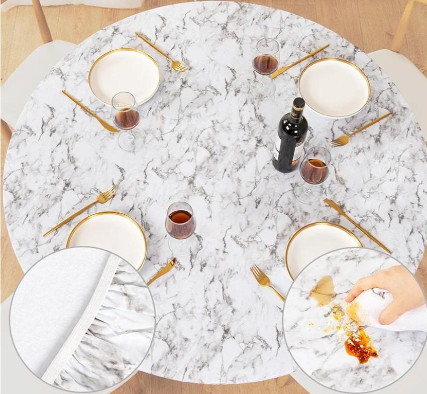 UMINEUX Round Fitted Vinyl Tablecloth with Elastic Edged & Flannel Backing, Waterproof Wipeable Round Table Cover for Indoor Outdoor Patio Use - Fits Tables up to 40" - 44" Diameter(WhiteMarble)