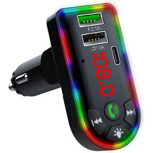 Car Bluetooth Adapter, Car Mp3 Player Bluetooth Fm Transmitter Hands Stereo Dual USB Charging with Colorful Ambient Light, Support Card
