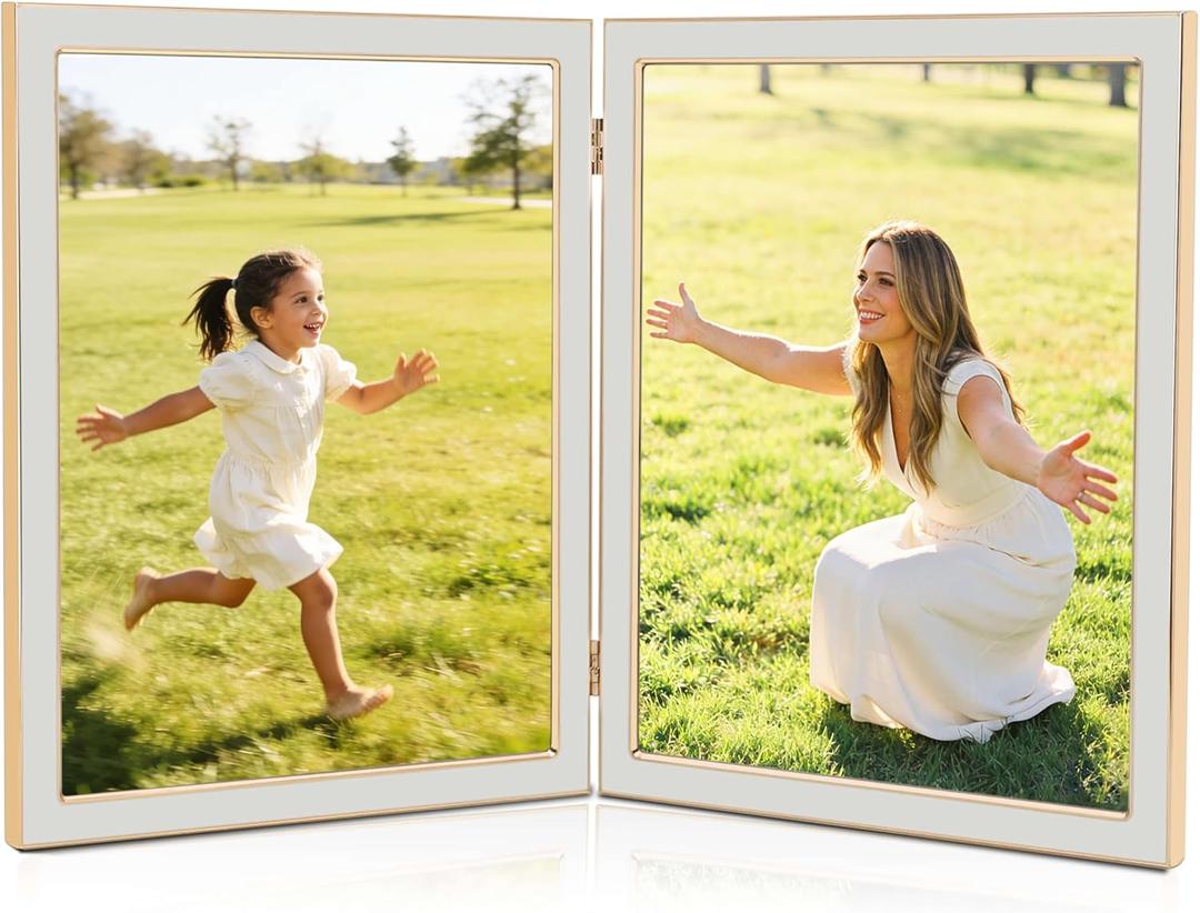 8x10 Double Picture Frame with White Enamel Finish, Gold Edge Metal Hinged Photo Frames, Real Glass Front Velvet Back, Display for Wall and Tabletop, Ideal for Wedding Couple Family Photos