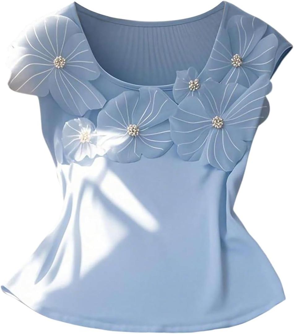 Women's Summer 3D Floral Tops Elegant Scoop Neck Ribbed Knit Going Out T Shirts Blue, Medium