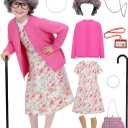 17pcs Old Lady Costume for Kids Girls 100 Day of School Costume Girls Grandma Costume Dress Up with Accessories (3-5 Years)