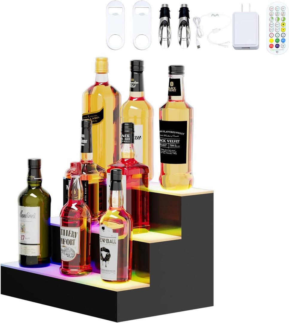 3 Tier 16 Inch Liquor Bottle Display Shelf - Wine Racks with Multi-Color App & Remote Control, Adjustable Brightness & Sound Modes, Acrylic Bar Shelves Displays