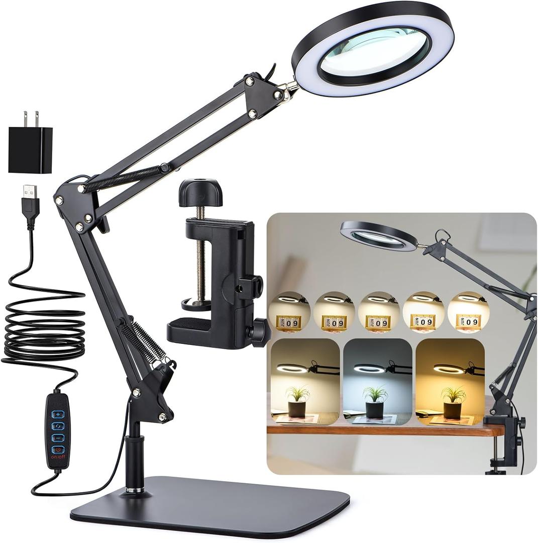 LED Magnifier Desk Lamp with Stand and Clamp, 3 Color Modes & Step less Dimming 5-Diopter Glass Lens, Adjustable Swivel Arm - Magnifying lamp for Close Work, Repair, Crafts, Reading