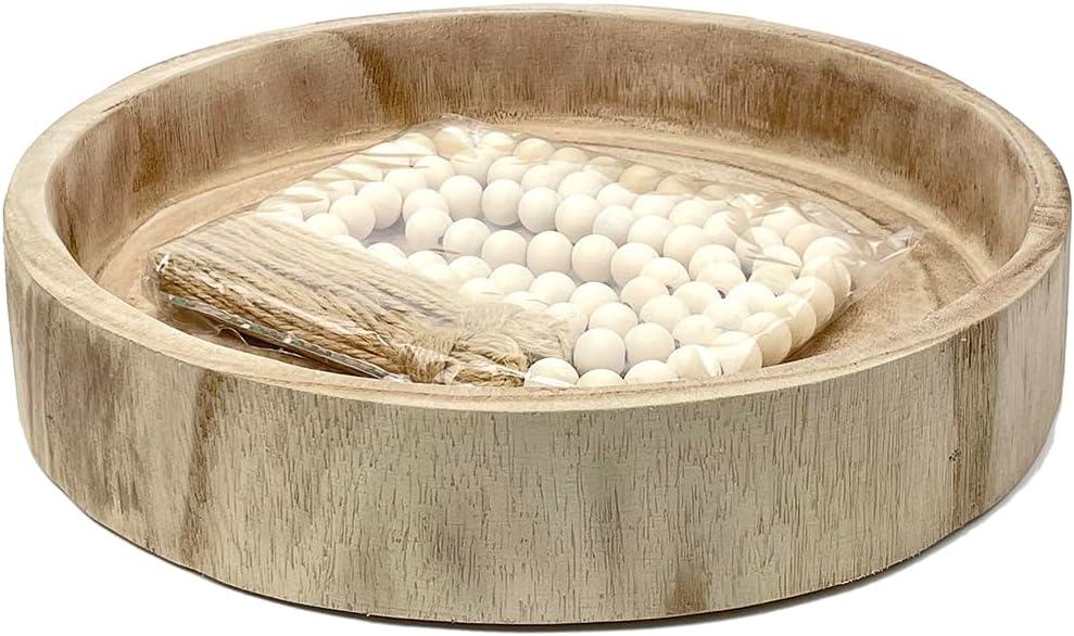 12.6" Wooden Round Hand-Carved Tray and A Wood Bead Tassel String Christmas Decor Decorative Centerpiece Paulownia Real Wood Serving Trays Wedding Farmhouse Decoration,Natural