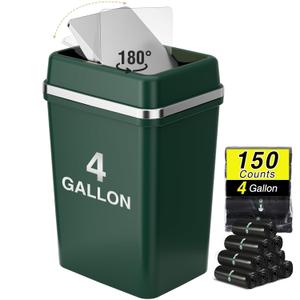 Bathroom Trash Can with Lid 4 Gallon Trash Can with Swing Lid Small Garbage Can Dark Green Trash Can with 150 Counts Trash Bags for Bathroom Bedroom Office Restroom Dorm