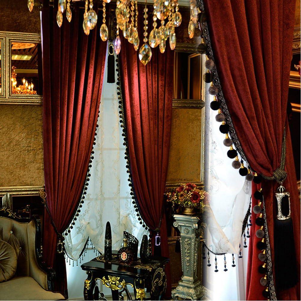 Luxury Velvet Curtains with Tassel Trim, Vintage Bohemian Style, Blackout Drapes with Decorative Tiebacks for Living Room or Bedroom (Burgundy, (52W84L)2)