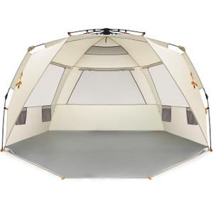 Easthills Outdoors Instant Shader Deluxe XL Beach Tent Easy Up 99" Wide for 4-6 Person Sun Shelter - Extended Zippered Porch Included Beige