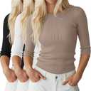 Ficerd 3 Pack 3/4 Sleeve Tops for Women, Cotton Knit Ribbed T Shirts Basic Slim Fit Casual Stretch Tees Crew Neck Shirts, Large