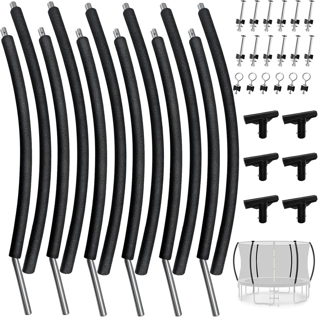 6 PCS Trampoline Curved Pole Replacement, Universal Curved Enclosure Net Poles for 8-16ft Frame, with Plastic T Connector, Mounting Hardware, Foam Cover Padding