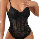Lilosy Sexy Corset Top Floral Lace Mesh Sheer Lingerie Underwire Bodysuit Bustier Cami Outfits (Black, M)