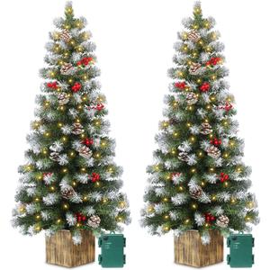 2 Pack 4 Ft Entrance Christmas Tree in Wood-Like Box Base, Artificial Potted Xmas Tree with 60 LEDs Warm White Light Timer Waterproof Battery Box 140 White Tipped Branches Pinecones Berries for Door