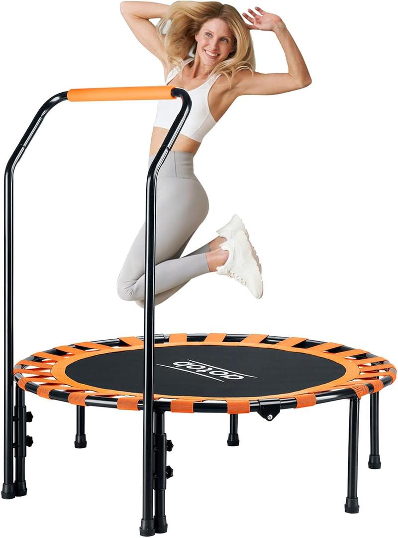 AOTOB 40/48" Fitness Trampoline for Adult, Max Load 450 LBS, Foldable Mini Trampoline with Durable Bungees,Small Rebounder Exercise Trampoline with Bar for Workout for Quiet & Safely Cushioned Bounce (Orange)
