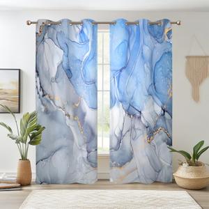 Renaiss Blue Marble Blackout Curtains, Light Blue Liquid Art Thermal Insulated Bedroom Window Curtains, Modern Luxury Marble Texture Window Drapes for Living Room, 42W x 63L 2 Panels Set