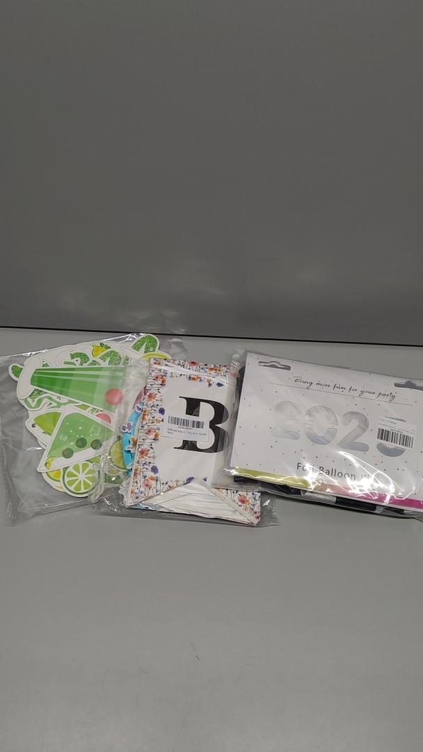SET OF 3, Party Decorations Set - Cocktail Drink Cutouts, Floral Birthday Banner, and 2025 Foil Balloon Kit - Celebration Supplies