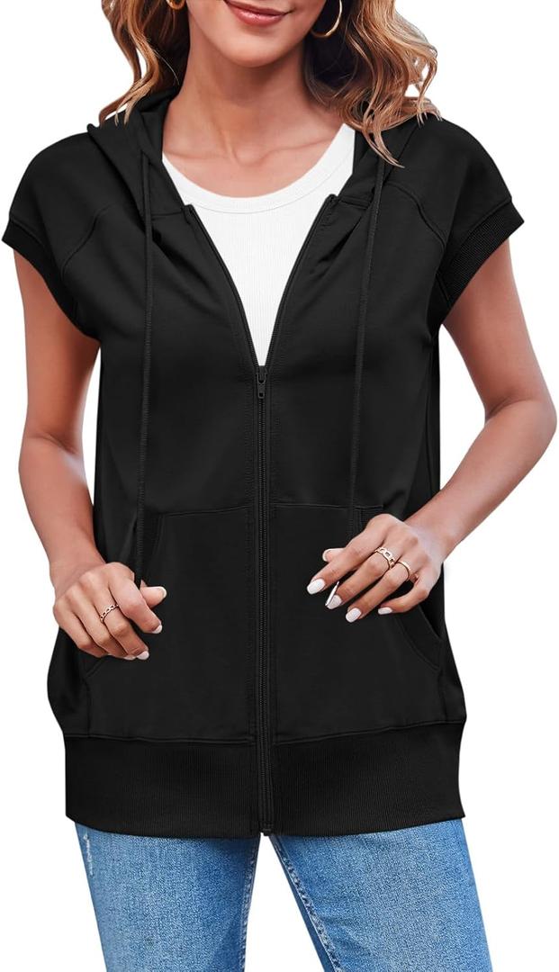 Fisoew Women's Sleeveless Zip Up Hoodies Casual Loose Fit Drawstring Sweatshirts Lightweight Jackets Vest with Pockets (X-Large, Black)