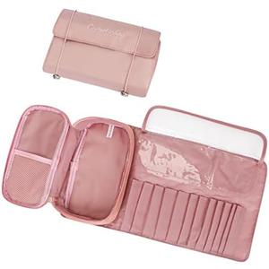 Makeup Brush Organizer Bag - 2-in-1 Multifunctional Make Up Brush Storage Bag Portable Roll Up Cosmetic Bag with 12 Makeup Brushes Pocket Slot for Travel Business Daily Use Pink