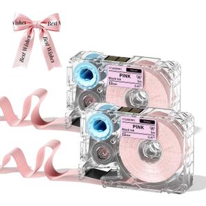 Phomemo A30 P15 Exclusive Embellish Black Print on Pink Satin Ribbon, Fabric Ribbons for Gift Wrapping, Wedding Bouquets, DIY Crafts, Mother's Day, Party Decor, 12mm x 5m, 2 Packs