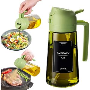 16oz/470ml Glass Olive Oil Sprayer for Cooking - 2 in 1 Olive Oil Dispenser for Kitchen Gadgets, Air Fryer, Salad, and BBQ (Green)