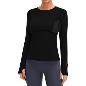 BMJL Womens Long Sleeve Workout Tops UPF 50+ Sun Protection Shirt with Mesh Panel for Athletic Hiking Running (Black, S)