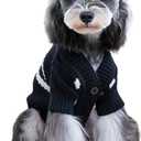CuteBone Cardigan Striped Knitted Dog Sweater, Arctic Fleece Thermal Dog Winter Clothes for Small Dogs Boy Girl, V-Neck Pet Coat Cat Apparel,Black