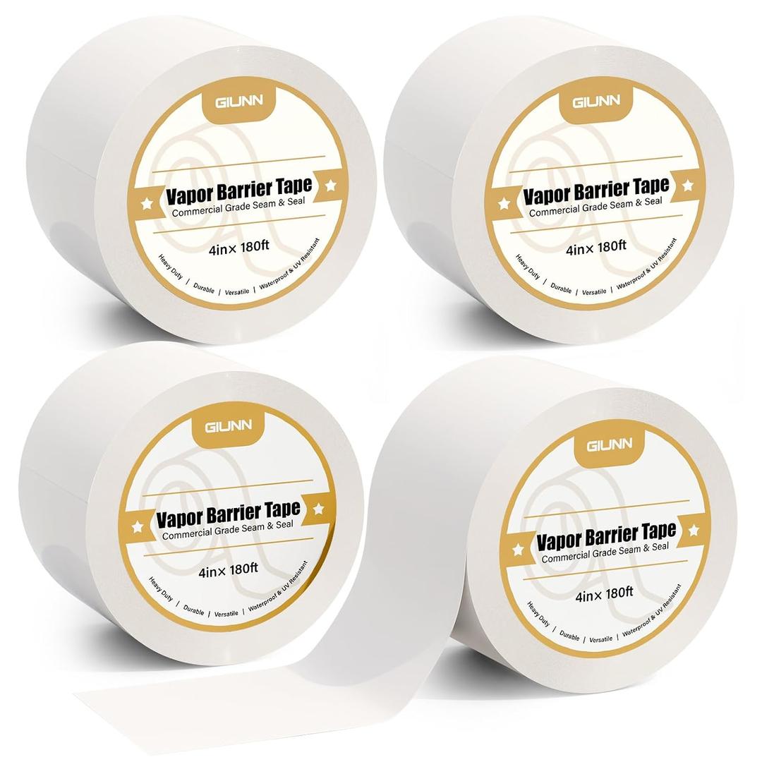 Vapor Barrier Tape 4 Rolls, 4" Wide x 180' Long Moisture Barrier Tape, 9 mil White polyethylene Tape, Moisture Sealing and Seams for Crawl Spaces, Vapor barriers, Marine, Insulation