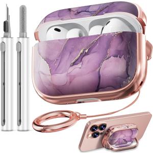 Inesore for AirPods Pro 3 Case 2025 with Lock, for Women Girly Floral Cute Case Compatible with Apple Airpods Pro 3rd Generation Cover, with Phone Stand, Keychain & Cleaner Kit-Purple Gold Marble