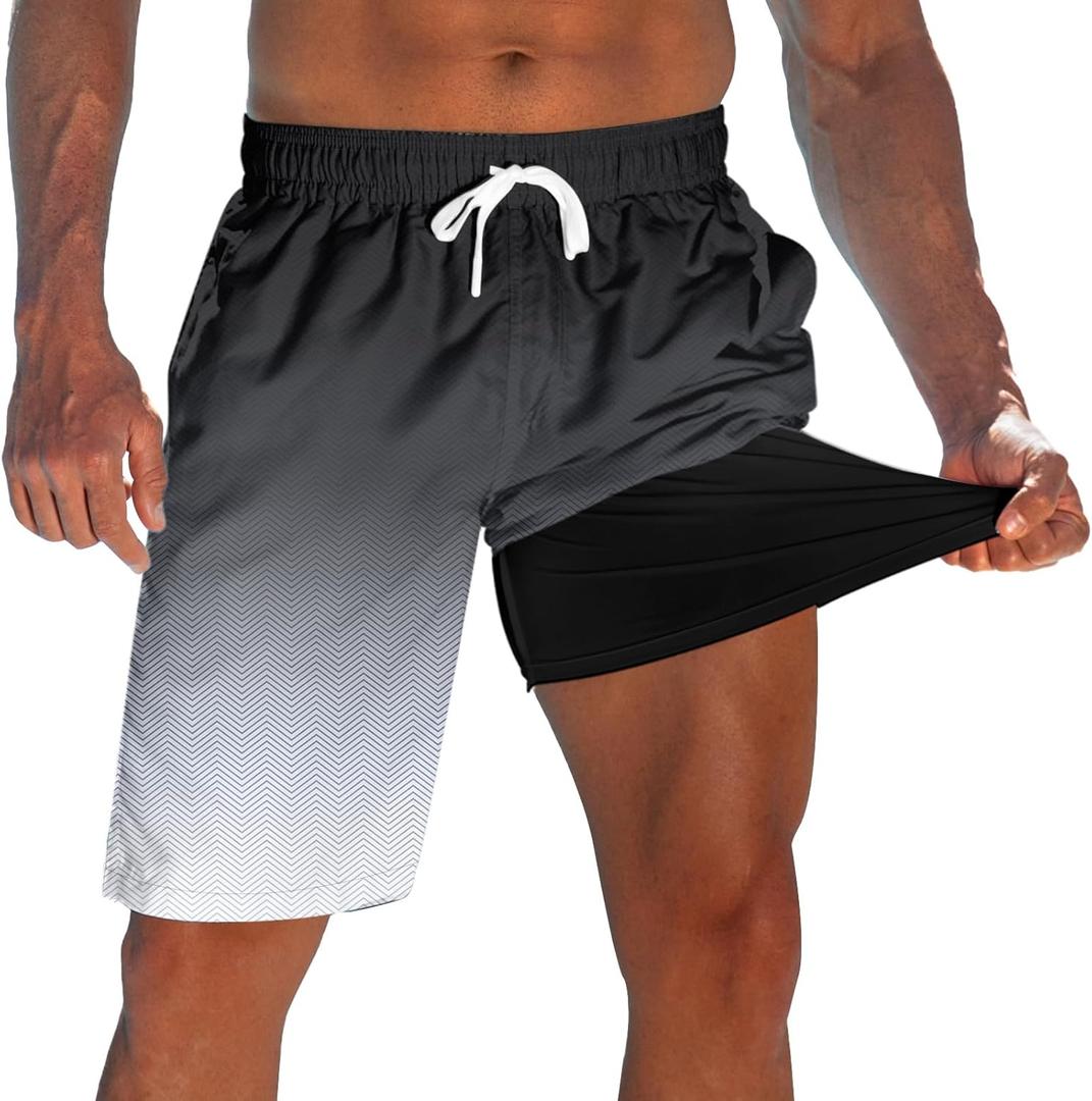 westwolf Men's Swim Trunks with Compression Liner 9" Quick Dry Board Shorts (3X-Large, B Black White)