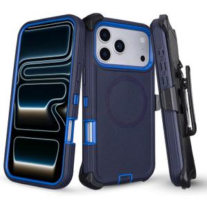 Magnetic for iPhone 17 Pro Case with Belt Clip Holster, 3-Layer Drop Proof Durable Protective Case, [Compatible with MagSafe] Heavy Duty Rugged Shockproof Cover for iPhone 17 Pro (Navy+Blue)