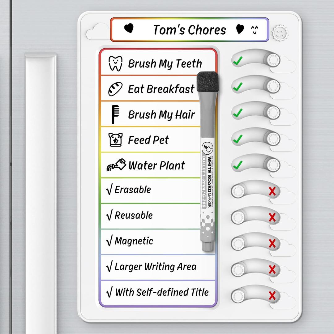 Chore Chart for Kids Dry Erase Chore Board ADHD Tools for Kids to Do List Checklist Task Board Routine Chart Planning Board for Fridge with 10 Sliders and Magnetic Marker, White and Rainbow, 1 Pack